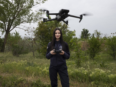  Anastasiia Korohod,  a Team Commander and drone operator for The HALO Trust in Ukraine, operates a drone